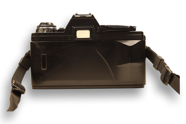 Rear view of Minolta X-370S film camera, showcasing its viewfinder and sturdy black body. A great choice for vintage camera collectors.