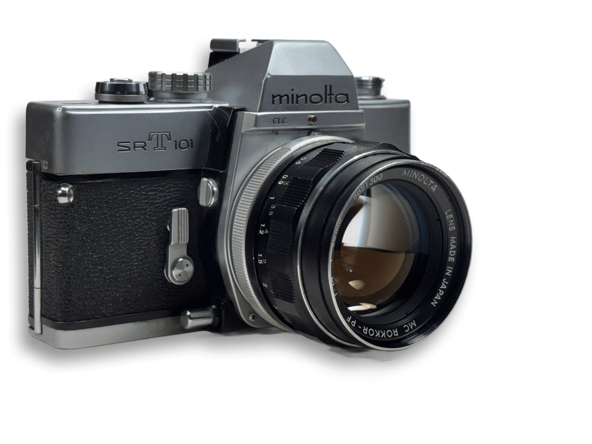 Minolta SRT101 camera on a white background