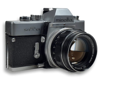 Minolta SRT101 camera on a white background