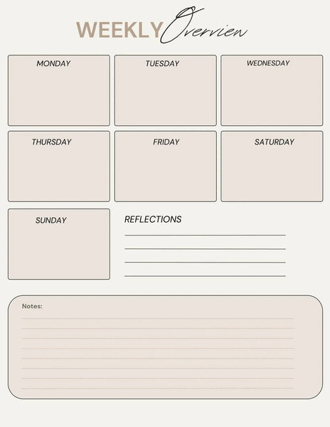 Printable Daily Journal Planner with weekly overview layout including sections for each day, reflections, and notes. Ideal for habit tracking and goal setting.