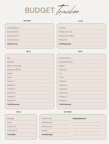 Printable Daily Journal with calendar and to-do list featuring budget tracker layout for income, expenses, bills, and savings. Ideal for organizing finances and planning daily goals.