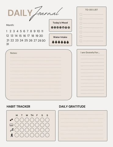 Printable Daily Journal with calendar, to-do list, mood tracker, water intake, habit tracker, and gratitude section. Ideal for productivity planning.